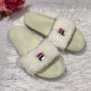 Fila x Baja East Cream Fuzzy Shearling Sherpa Drifter Blue Slide Sandals